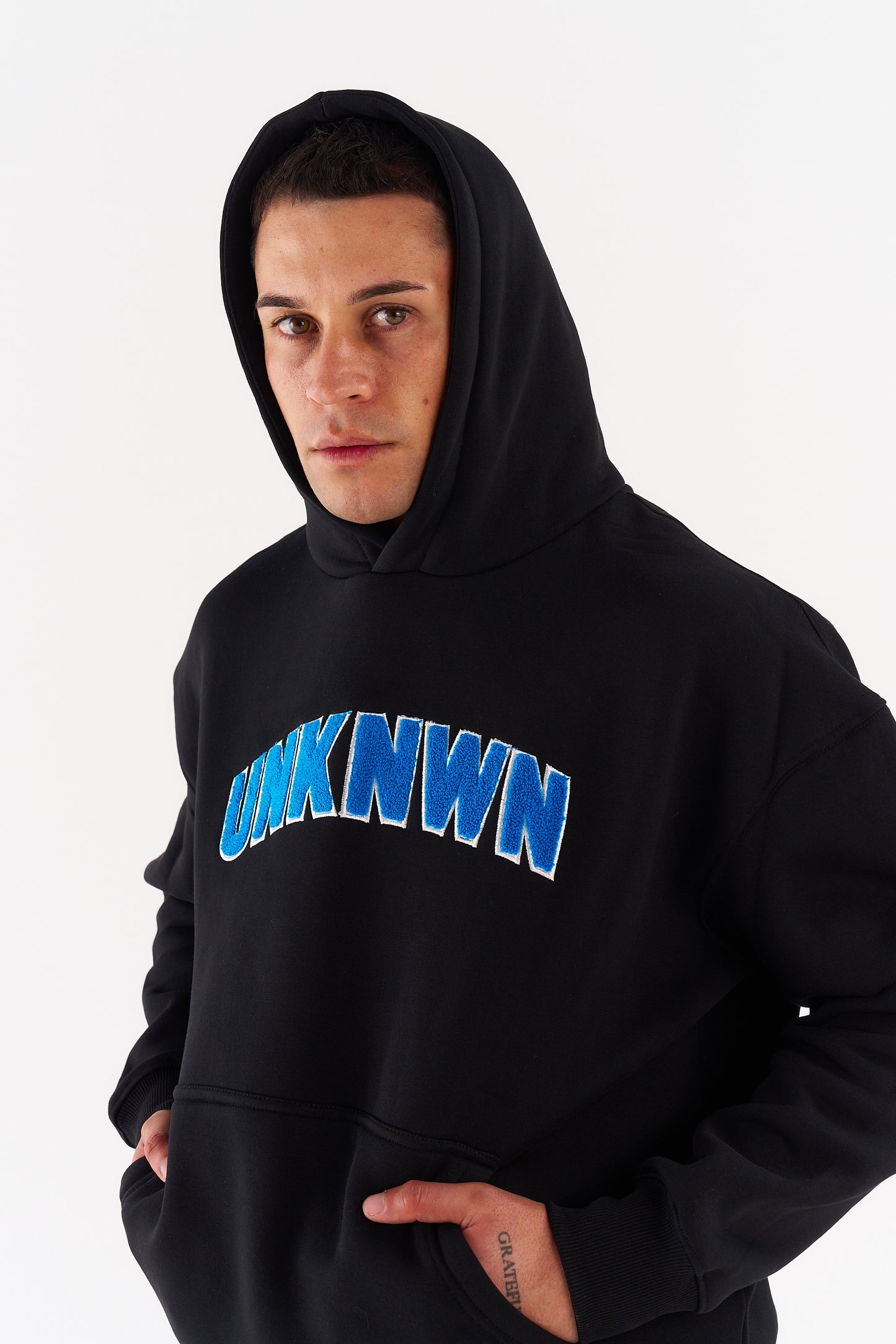 STATEMENT HOODIE - BLACK WITH BLUE EMBROIDERY