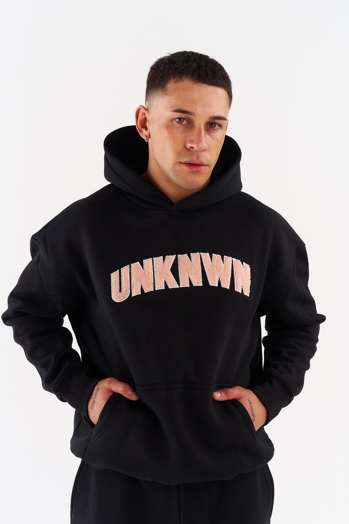 STATEMENT HOODIE - BLACK WITH BABY PINK EMBROIDERY