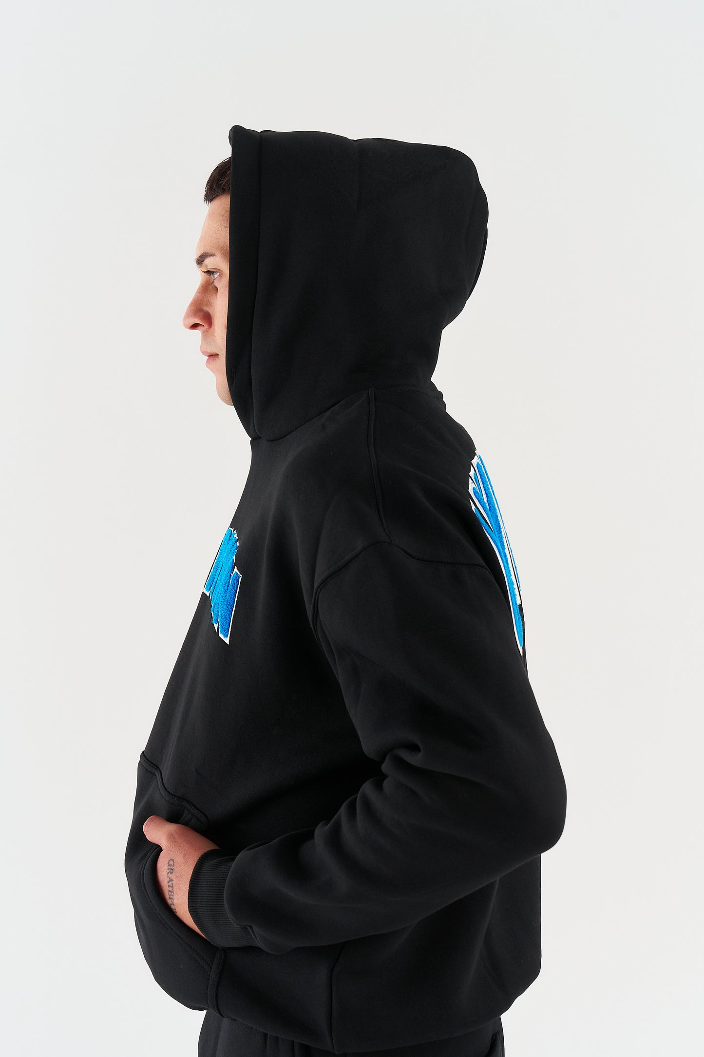 STATEMENT HOODIE - BLACK WITH BLUE EMBROIDERY